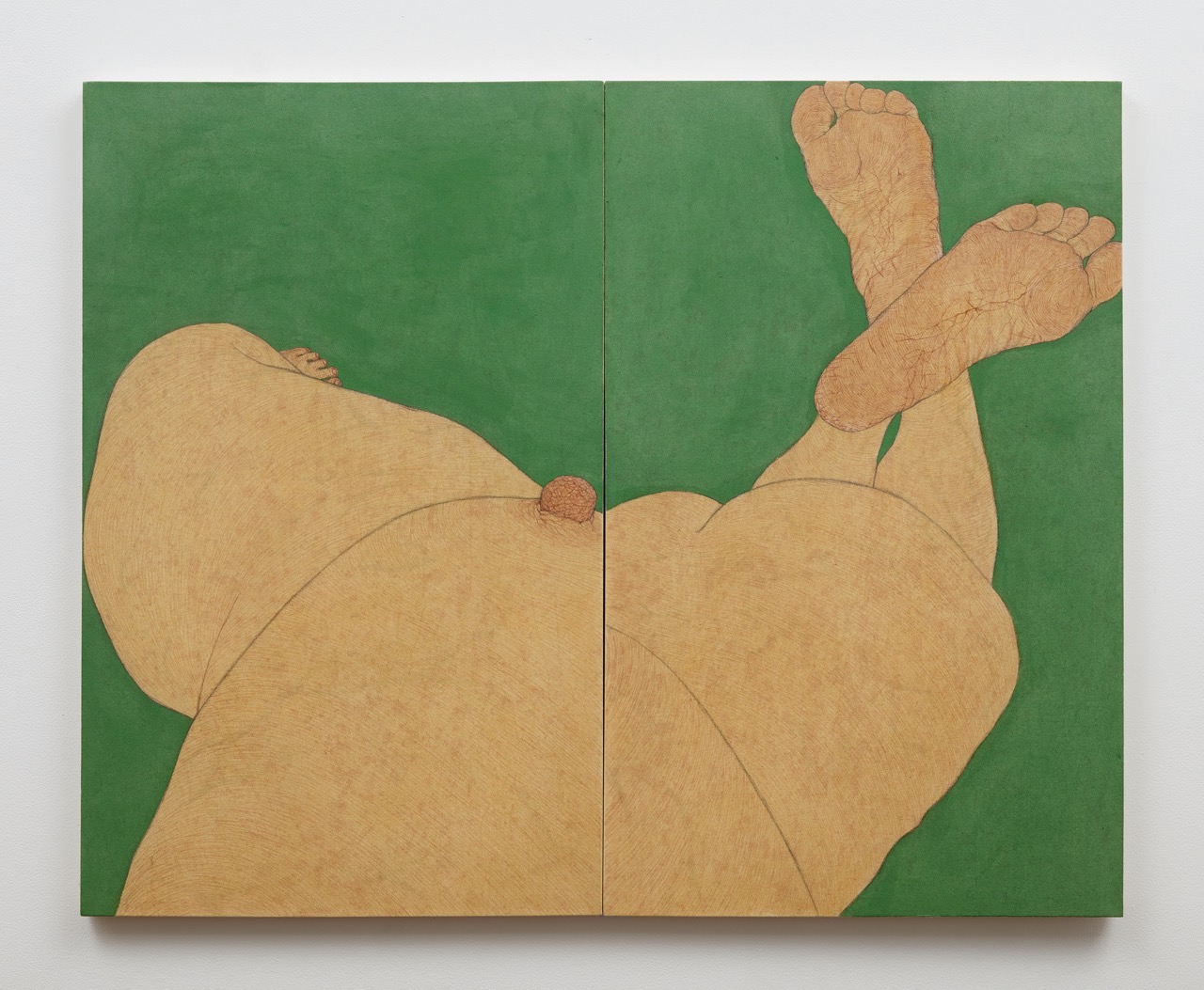 <i>Map Chromium oxide green x Phthalocyanine Green 1</i>, 2025. Pigment, rabbit skin and charcoal on calico, 51 1/8 x 31 1/2 in (130 x 80 cm)